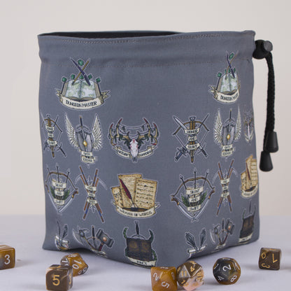 Dungeon Master dice bag standing open — large handmade DnD dice organizer.