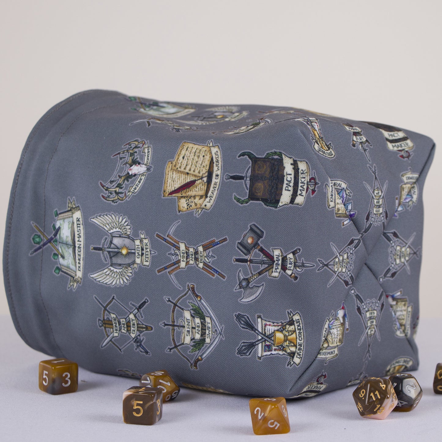 Class title crest dice bag with pockets — gabardine DnD storage, handmade gift for a DM.
