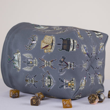 Class title crest dice bag with pockets — gabardine DnD storage, handmade gift for a DM.