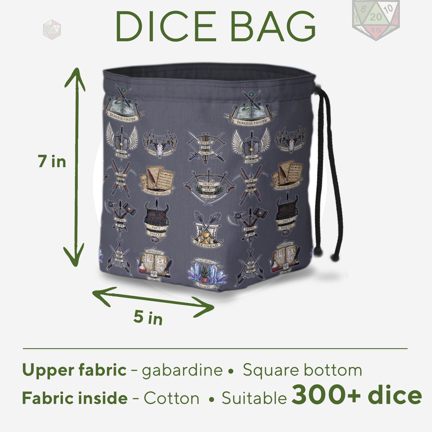 DM dice bag with rainbow pockets for sorting dice by NPC or campaign.