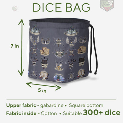DM dice bag with rainbow pockets for sorting dice by NPC or campaign.