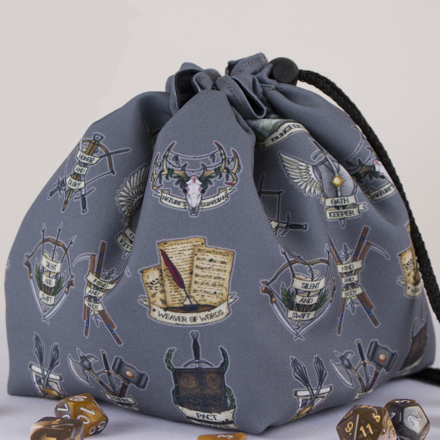 Best gift for a Dungeon Master — DM class crest dice bag with pockets, holds 300+ dice.