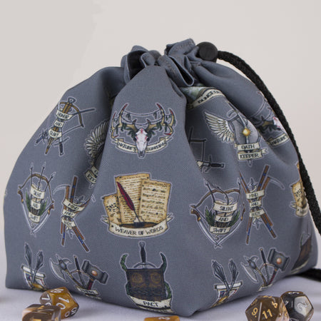 Best gift for a Dungeon Master — DM class crest dice bag with pockets, holds 300+ dice.