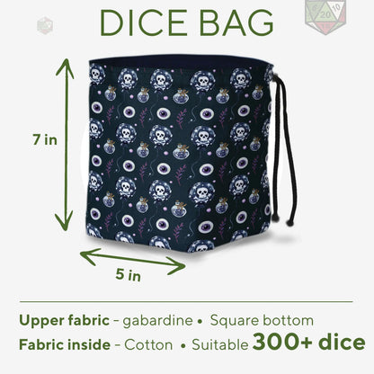Detail of poison bottles and skulls on the dice bag — handmade in Ukraine.