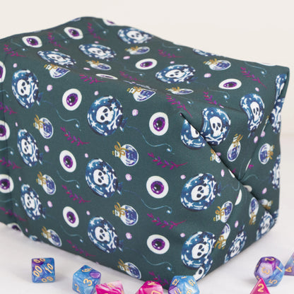 Poison and skull dice bag with drawstring closure — gothic witchy DnD pouch.