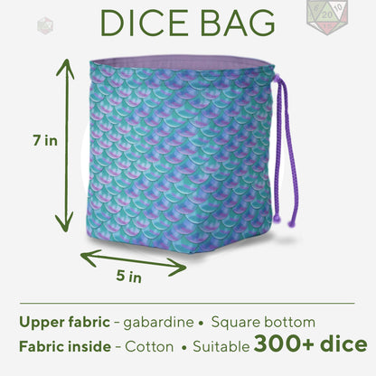 Teal lavender dragon scale dice bag interior with pockets — handmade DnD gift.