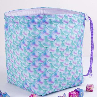 Iridescent scale dice bag with pockets — gabardine DnD storage, handmade in Ukraine.