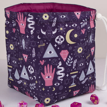 Mystic hand dice bag standing upright on its square base — witchy DnD pouch.
