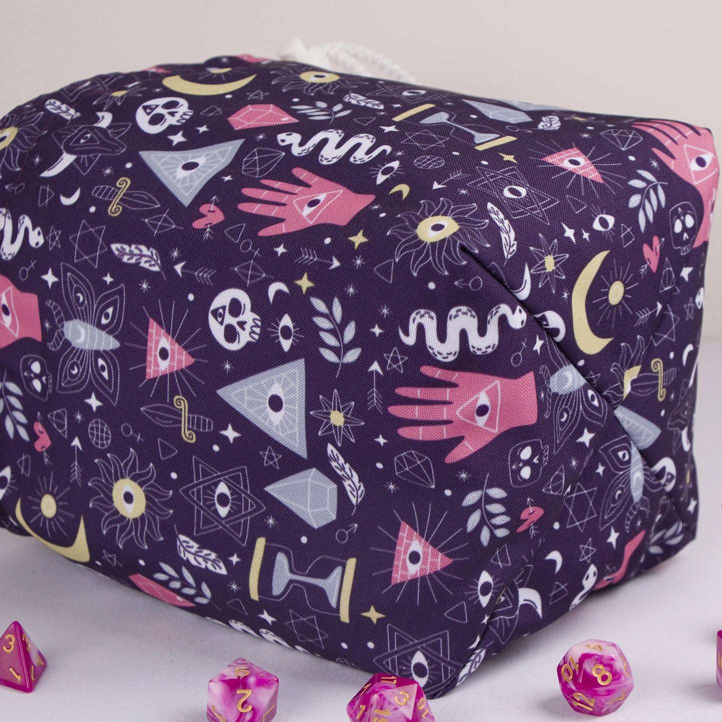 Mystic hand dice bag with drawstring closure — purple palmistry witchy pouch.