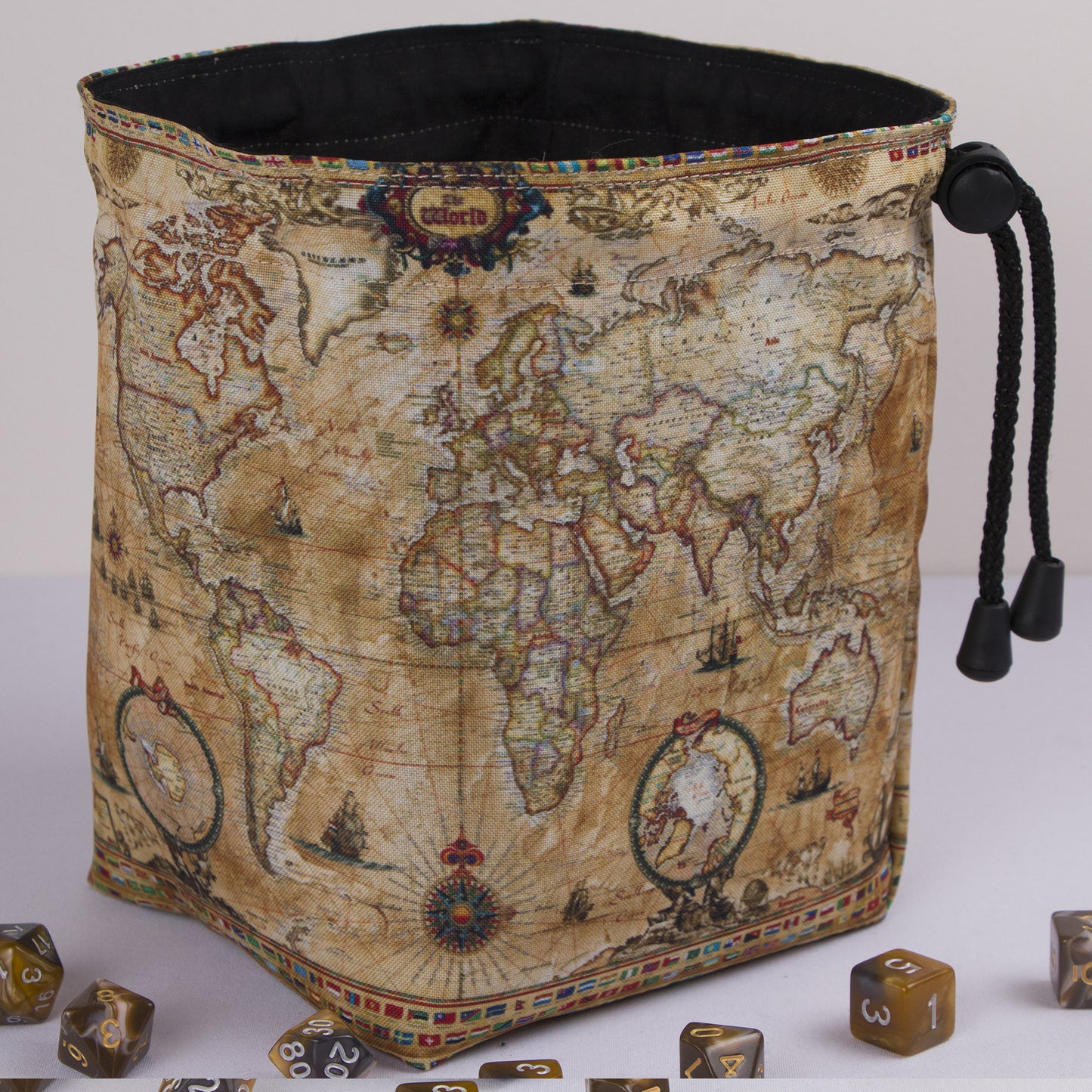 Vintage map dice bag with pockets — gabardine DnD storage, handmade in Ukraine.