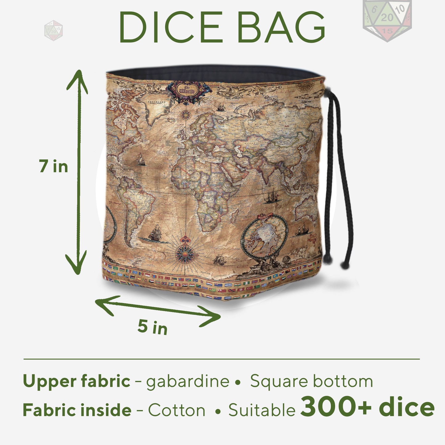 World map dice bag interior with pockets — organize multiple dice sets.
