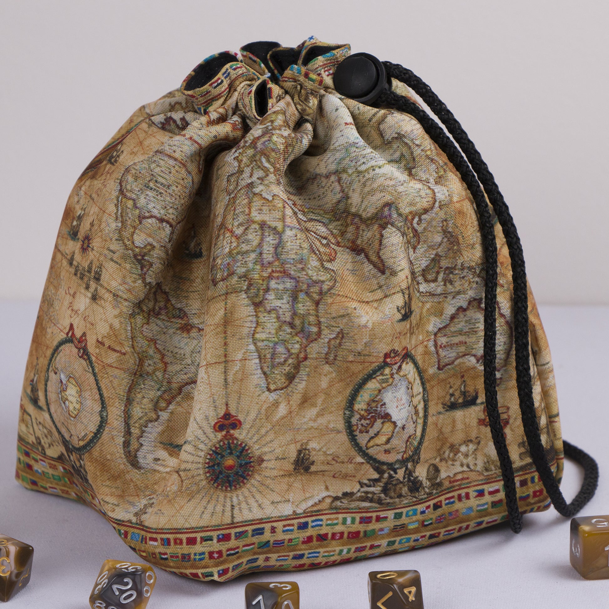 World map dice bag with 6 pockets — sorts dice sets for a Dungeon Master.