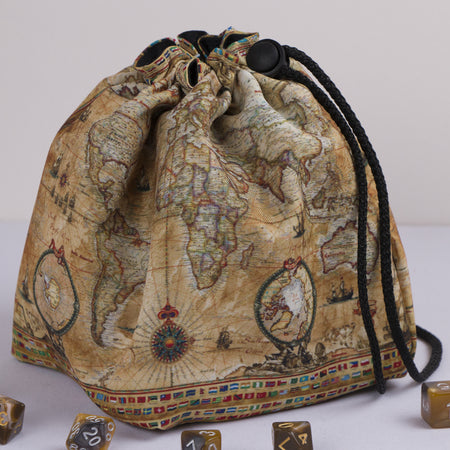 World map dice bag with 6 pockets — sorts dice sets for a Dungeon Master.