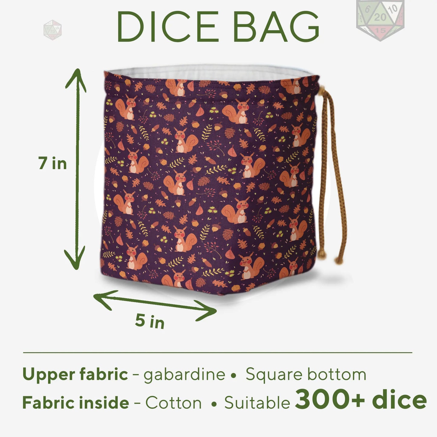 Detail of squirrels and acorns on the squirrel dice bag — handmade plum gabardine.