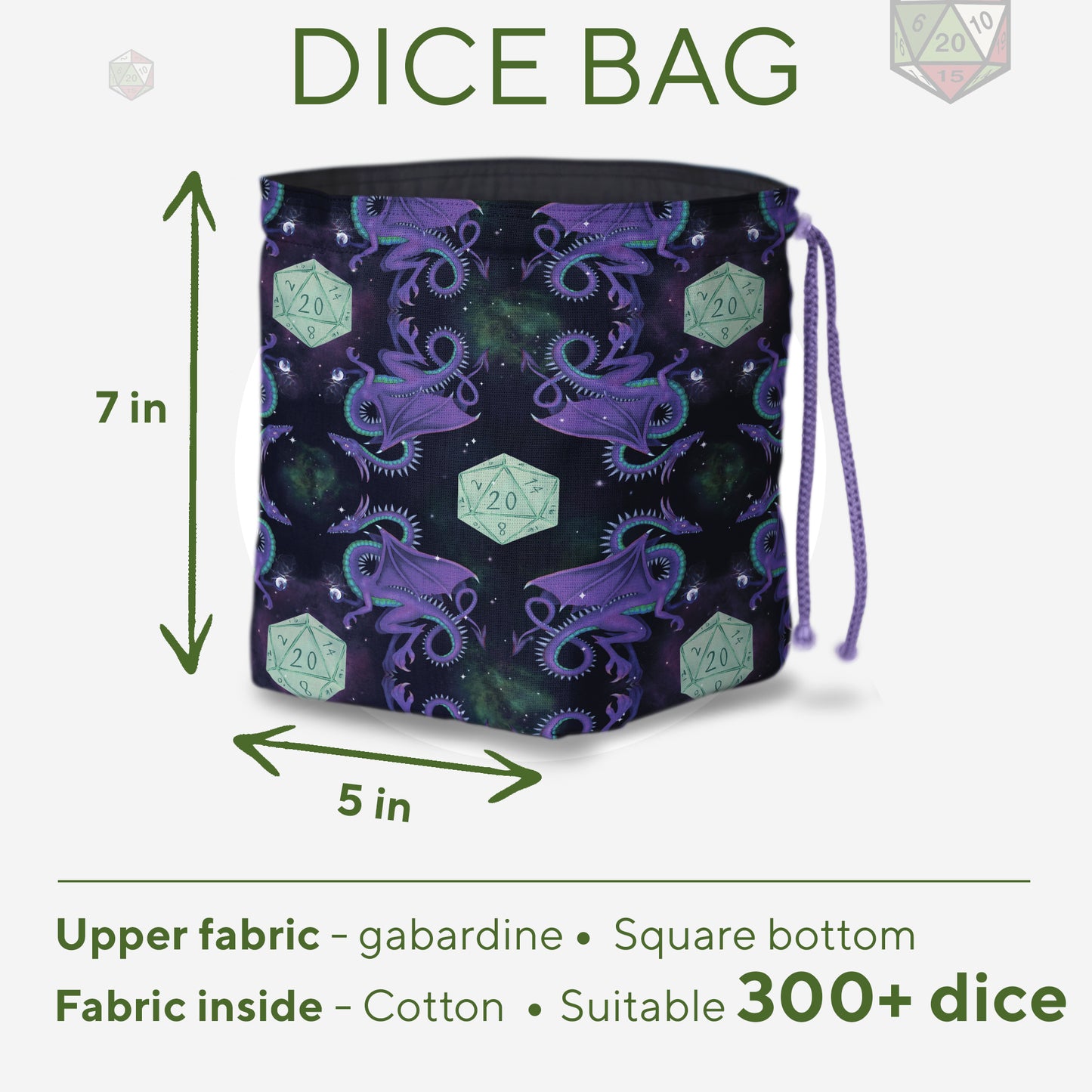 Purple dragon dice bag interior with pockets — handmade DnD gift for a DM.