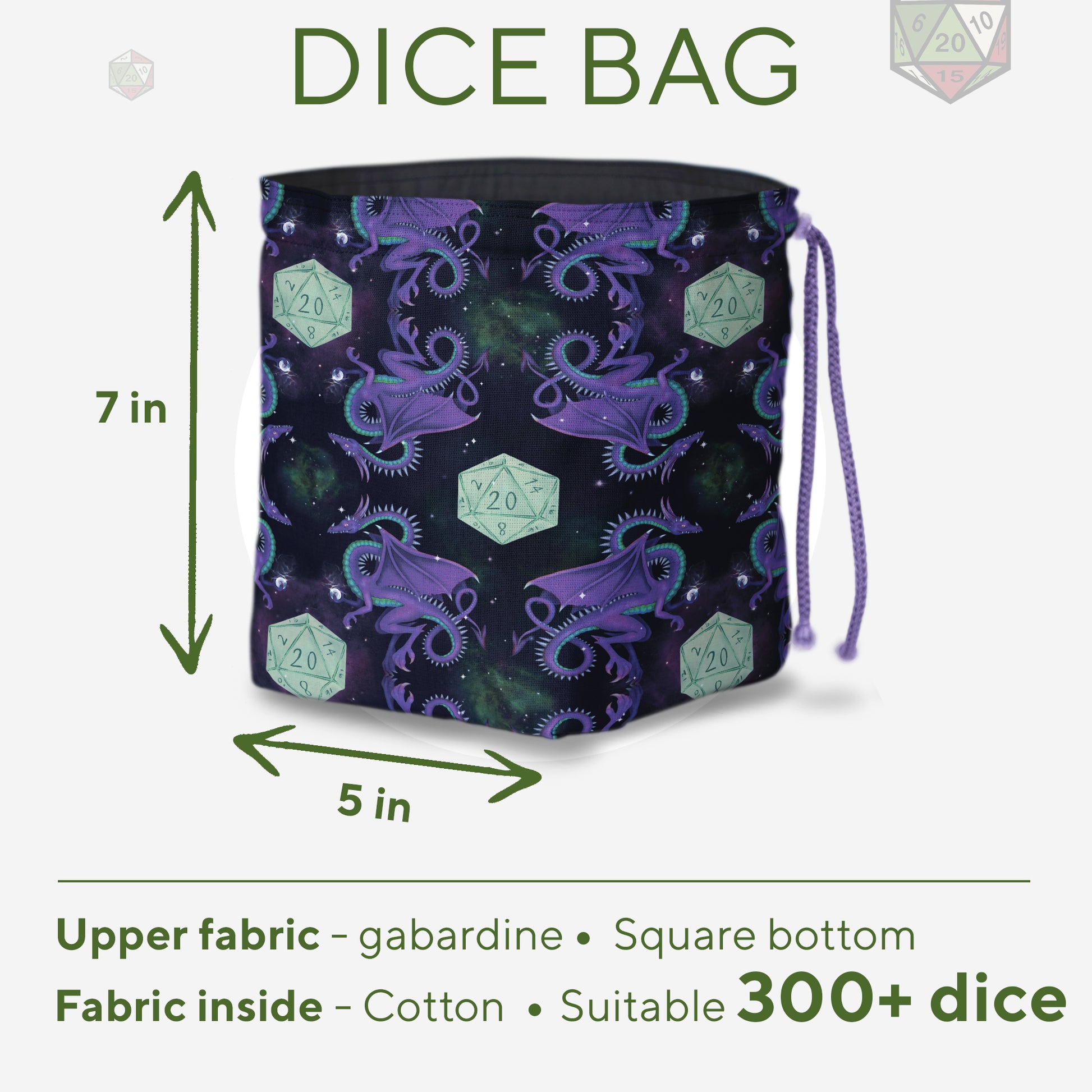Purple dragon dice bag interior with pockets — handmade DnD gift for a DM.