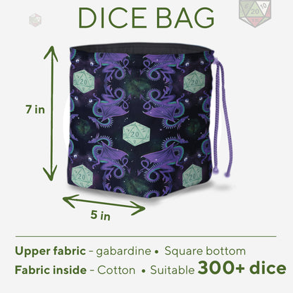 Purple dragon dice bag interior with pockets — handmade DnD gift for a DM.