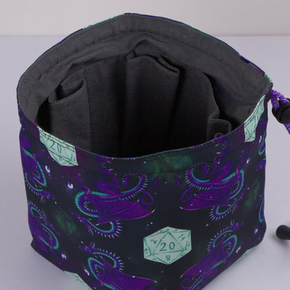 Best gift for a DnD player — galaxy dragon dice bag with pockets for a Dungeon Master, holds 300+ dice.
