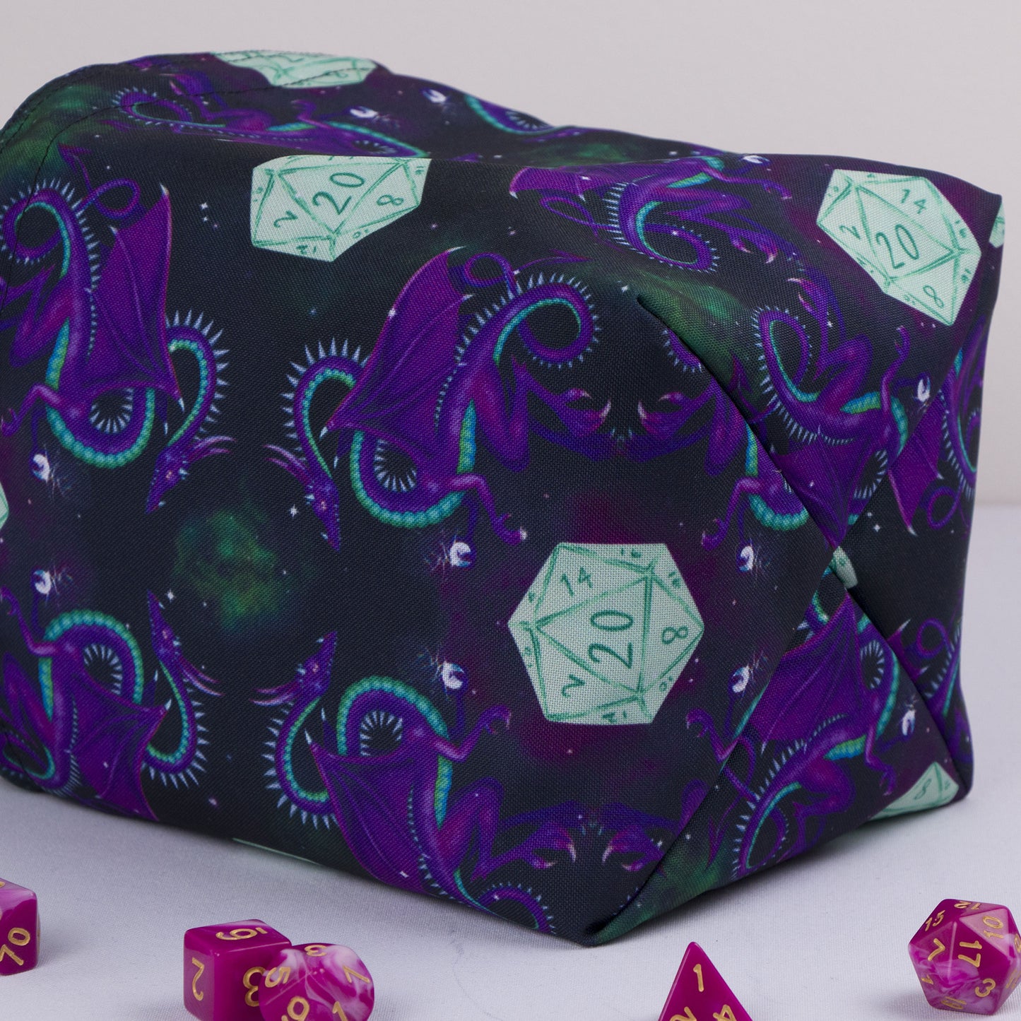 Galaxy dragon dice bag standing open — large handmade DnD dice organizer.