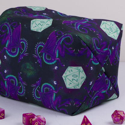 Galaxy dragon dice bag standing open — large handmade DnD dice organizer.