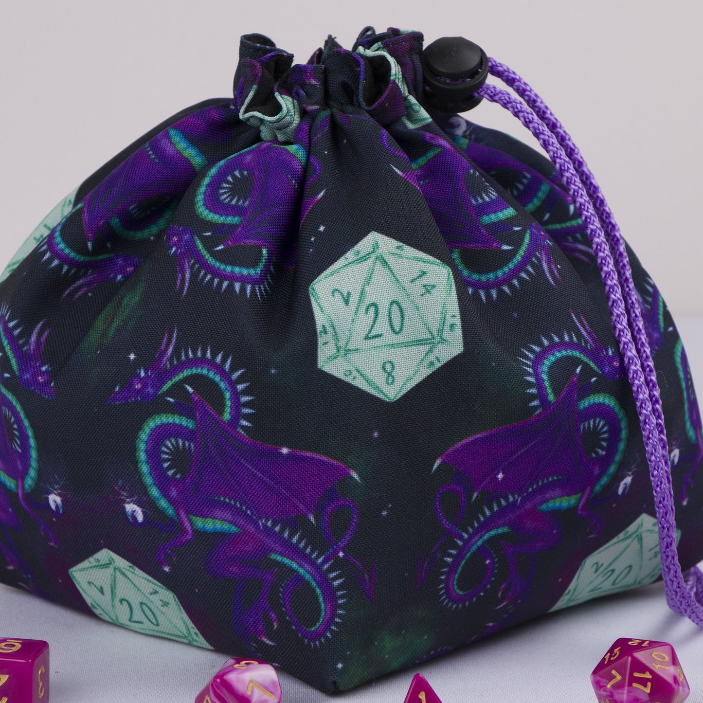 Dragon and D20 starfield dice bag with pockets — gabardine DnD storage.