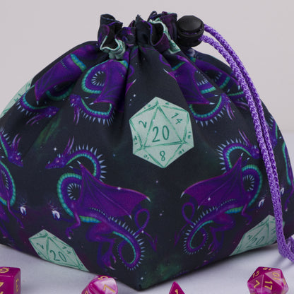 Dragon and D20 starfield dice bag with pockets — gabardine DnD storage.