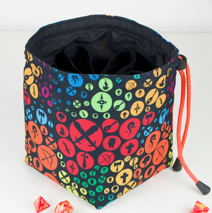 Open rainbow class icons dice bag showing the 6-pocket interior for sorting dice sets.