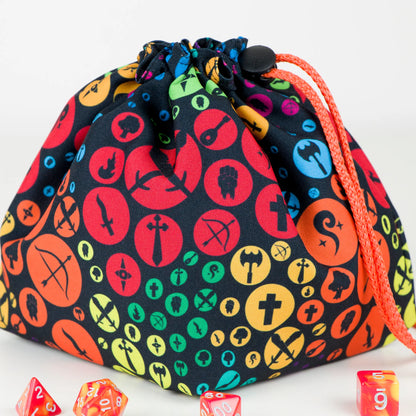 A DnD birthday gift for a gamer friend — rainbow class and weapon icons on a handmade dice bag, holds 300+ dice.