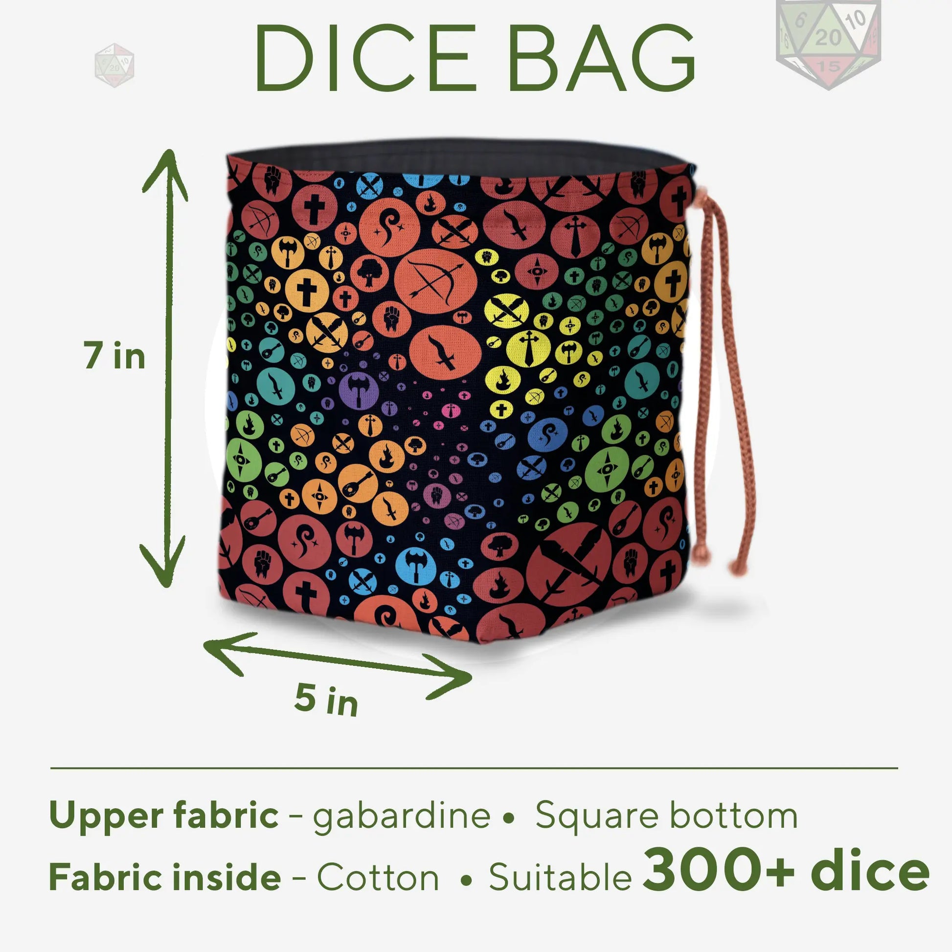 Detail of colorful class symbols on the dice bag — handmade in Ukraine.