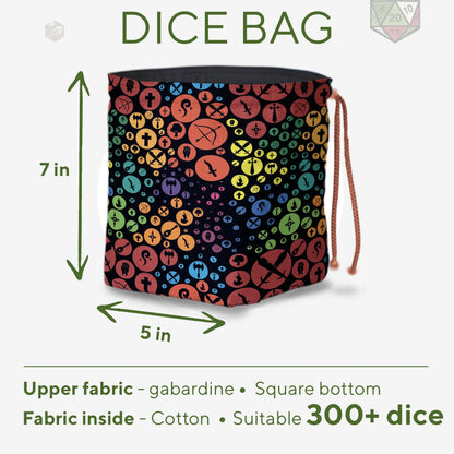Detail of colorful class symbols on the dice bag — handmade in Ukraine.