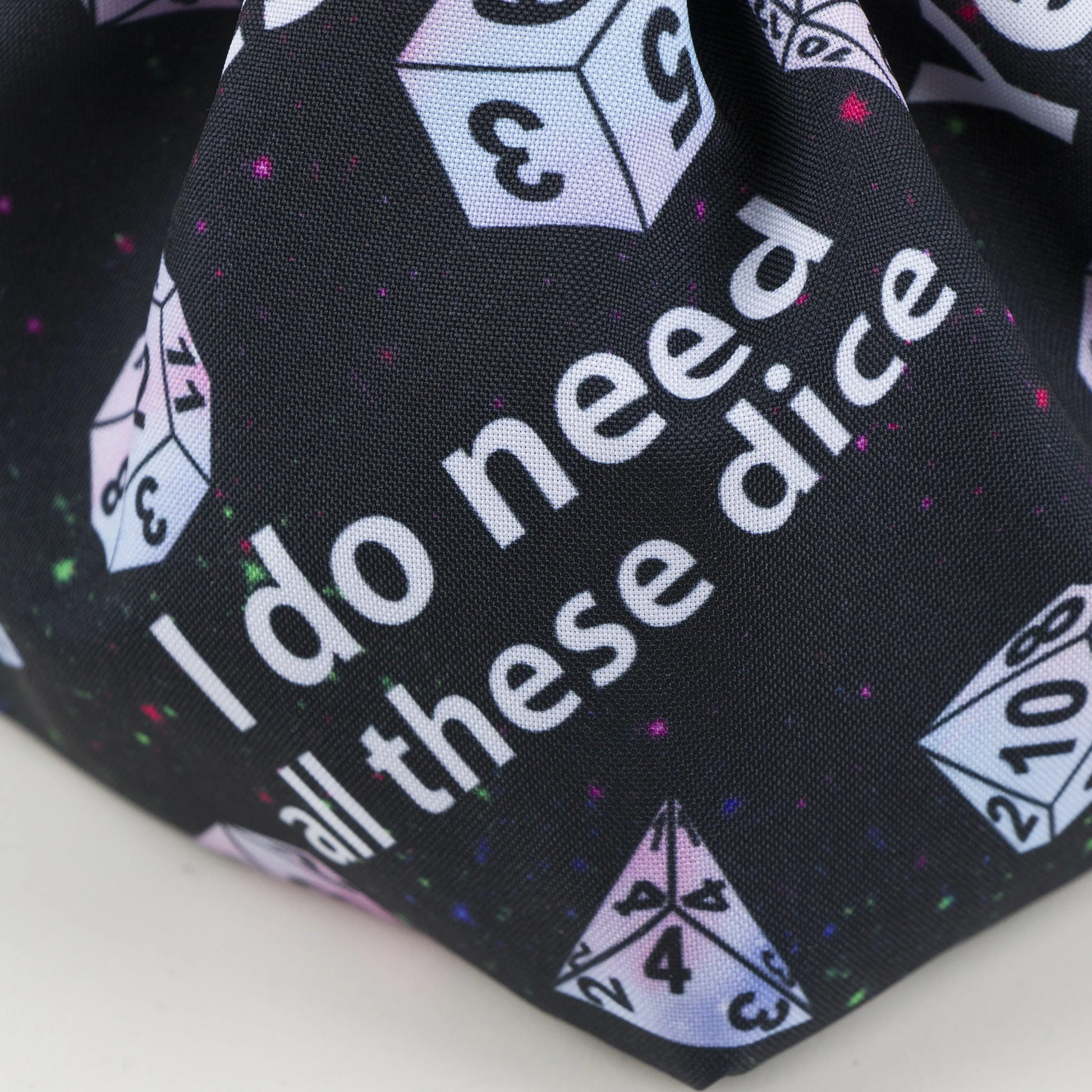 Funny dice bag standing upright on its square base — handmade DnD birthday gift organizer.