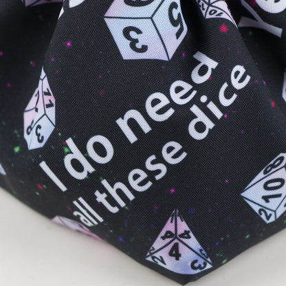 Funny dice bag standing upright on its square base — handmade DnD birthday gift organizer.
