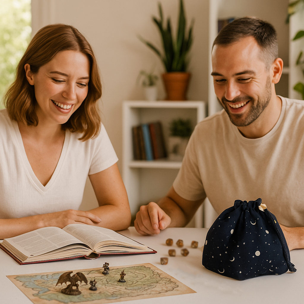 A black galaxy-themed dice bag with gold stars and moons, displayed next to a variety of colorful dice. The bag has a drawstring closure and a square bottom design.