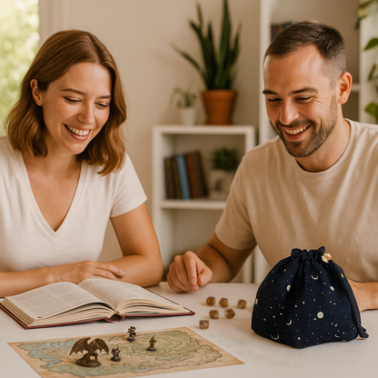 A black galaxy-themed dice bag with gold stars and moons, displayed next to a variety of colorful dice. The bag has a drawstring closure and a square bottom design.