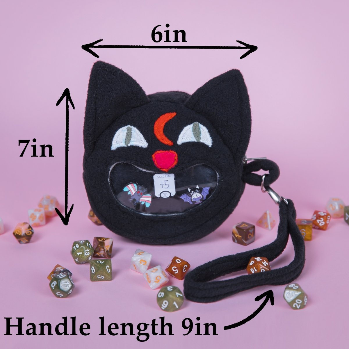 Cat ita bag — handmade dnd ita bag with a clear display window for pins and dice.