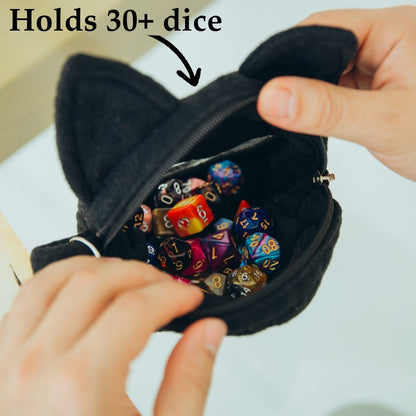 Cat ita bag — clear-window dnd ita bag, sculpted fleece, show-off dice storage.