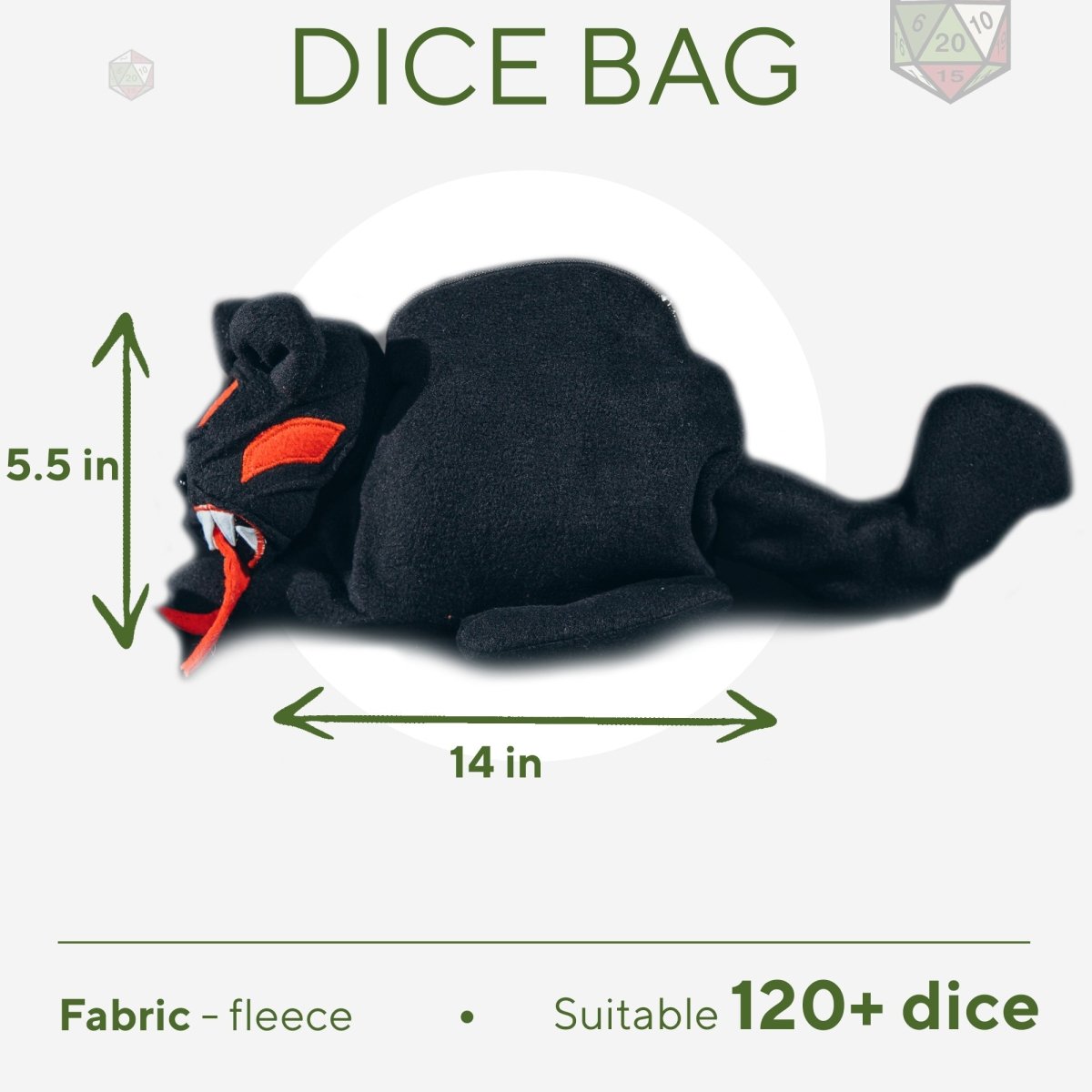 Demonic black cat plush dice bag — handmade plush dice bag that holds 120+ dice for dnd.