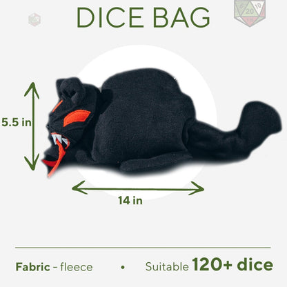 Demonic black cat plush dice bag — handmade plush dice bag that holds 120+ dice for dnd.