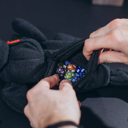 Demonic black cat plush dice bag — handmade plush dice bag that holds 120+ dice for dnd.