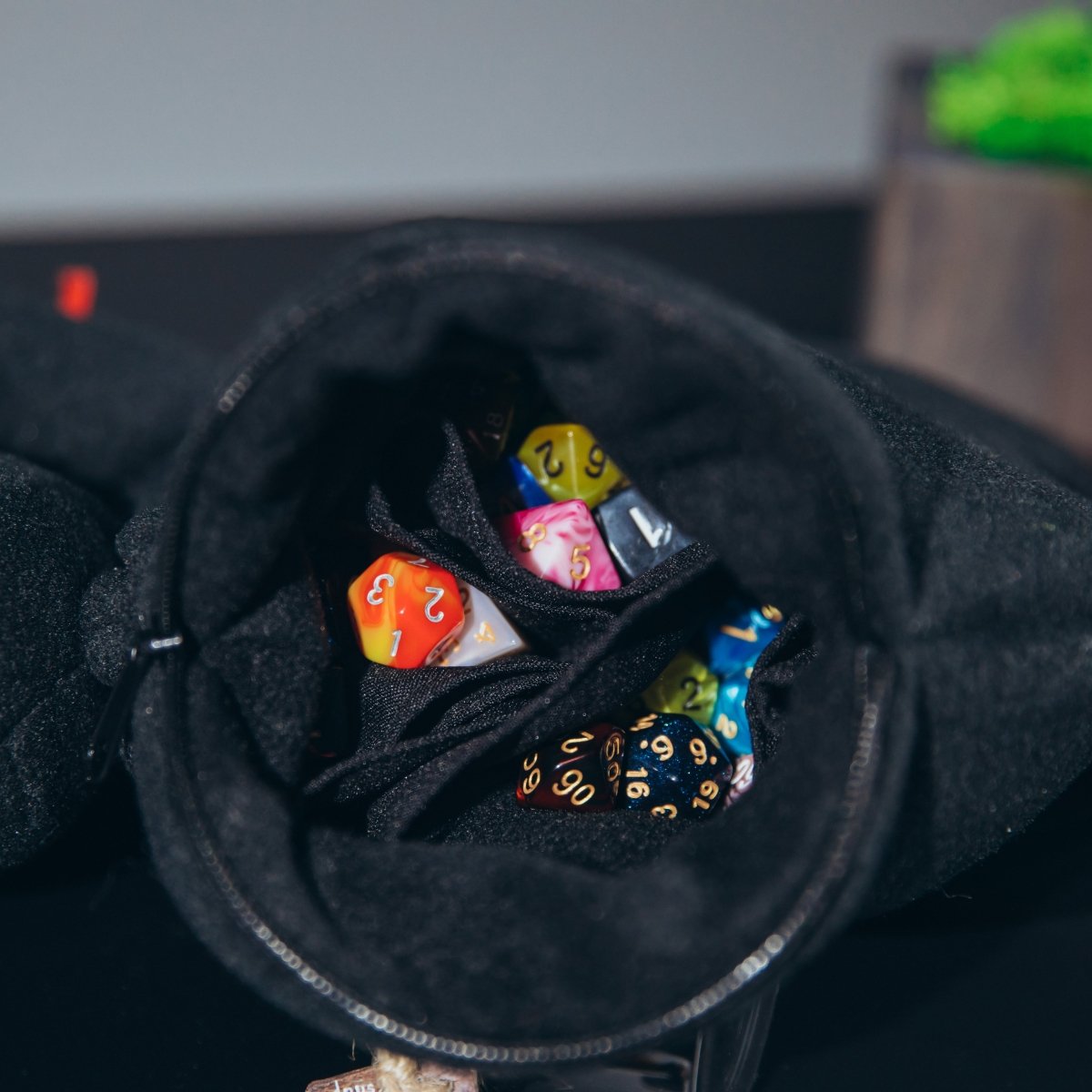 Demonic black cat plush dice bag — handmade plush dice bag, a one-of-a-kind creature dice bag.