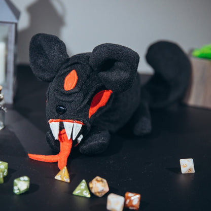 Demonic black cat with red eyes plush dice bag — handmade plush dice bag for dnd holding 120+ dice.