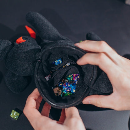 Demonic black cat plush dice bag — fuzzy dice bag with soft lining that cushions metal and resin dice.