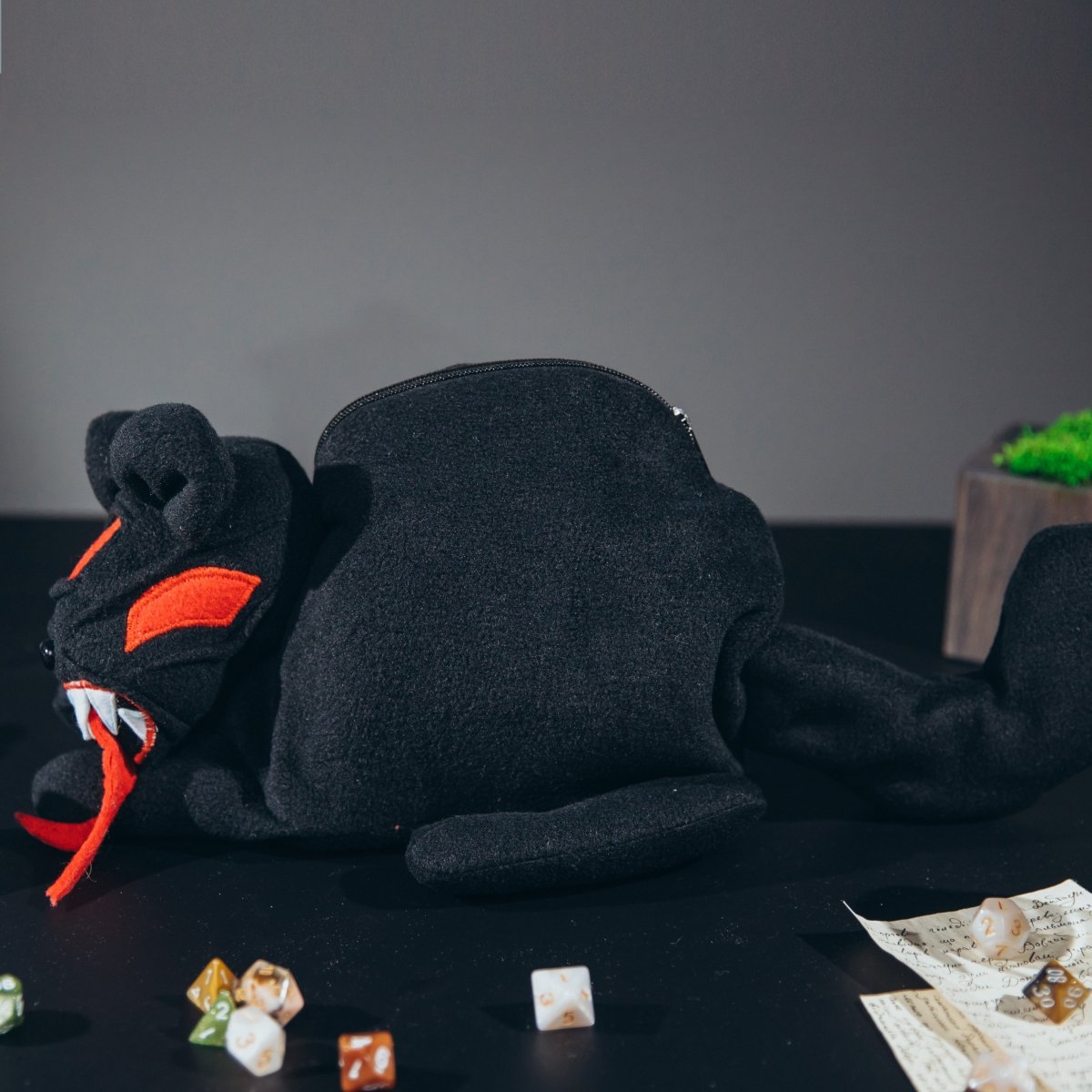 Demonic black cat plush dice bag — creature themed dice bag handmade, with zipper closure.
