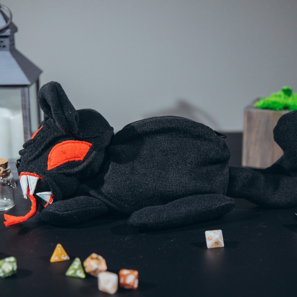 Demonic black cat plush dice bag — fuzzy dice bag with soft lining that cushions metal and resin dice.