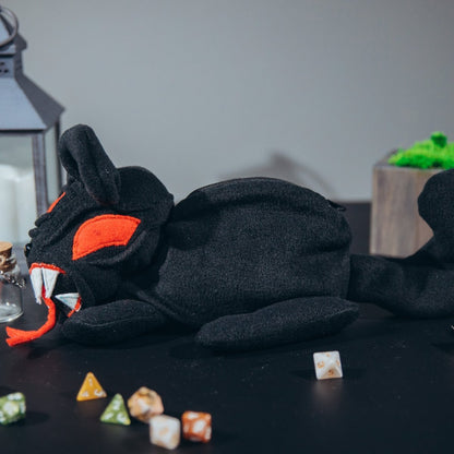Demonic black cat plush dice bag — fuzzy dice bag with soft lining that cushions metal and resin dice.