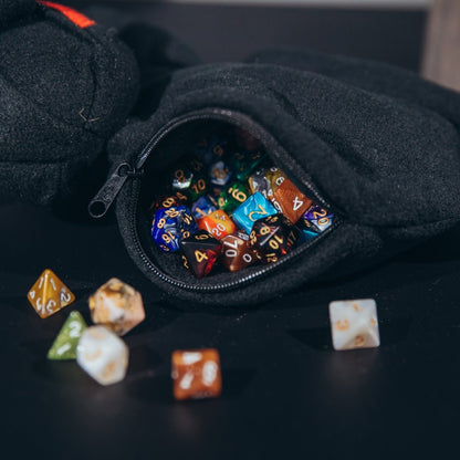 Demonic black cat plush dice bag — cute creature plush dice bag that doubles as display art.