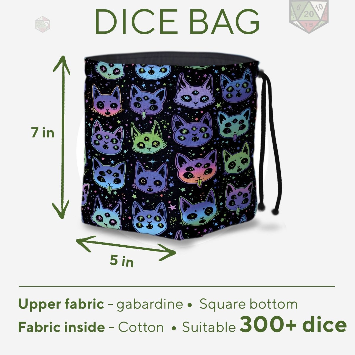 Creepy cat dice bag with pockets - Game Fancy