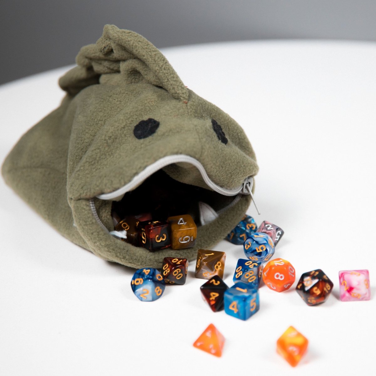 Cute green fish monster plush dice bag — handmade plush dice bag for dnd holding 120+ dice.