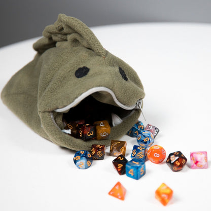 Cute green fish monster plush dice bag — handmade plush dice bag for dnd holding 120+ dice.