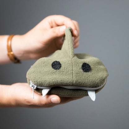 Cute green fish monster plush dice bag — handmade plush dice bag that holds 120+ dice for dnd.